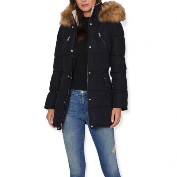 Nautica Navy Blue Hooded Puffer Coat with Faux Fur Trim Size Small - Picture 1 of 10